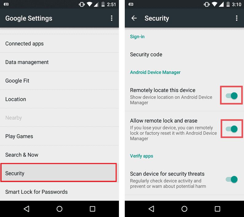 Android Device Manager Settings